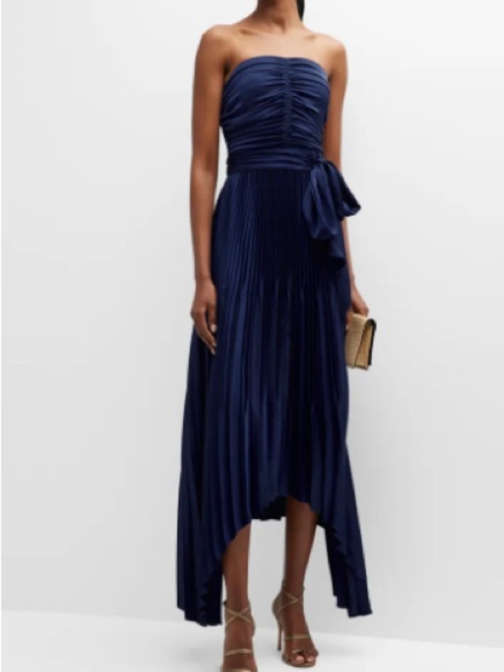 Ramy Brook Strapless Navy Pleated Midi Dress with Side Tie